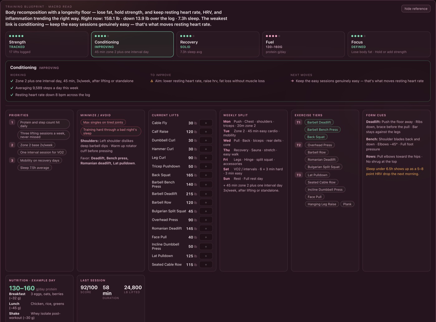 The training blueprint panel showing a macro thesis, a conditioning pillar breakdown, current lifts, weekly split and form cues.