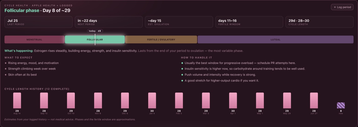 The cycle health panel with phase bar, last and next period, ovulation estimate and fertile window.