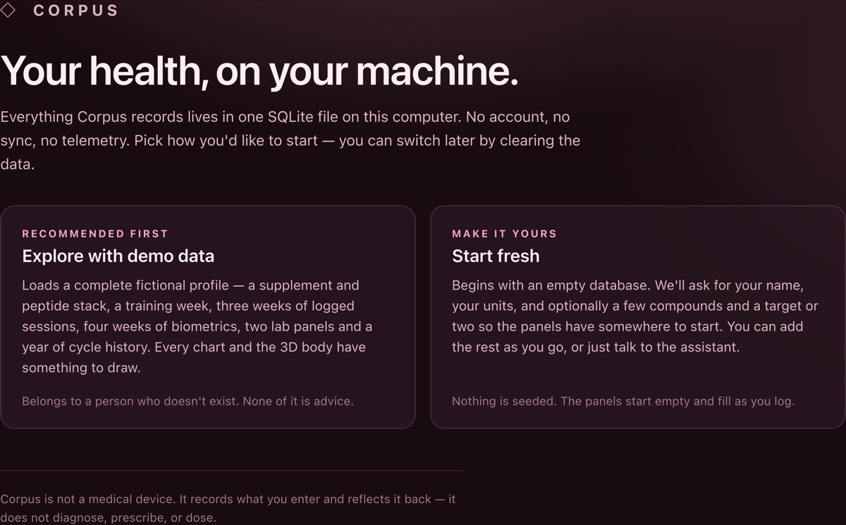 The Corpus first-run screen offering two choices: explore with demo data, or start fresh.